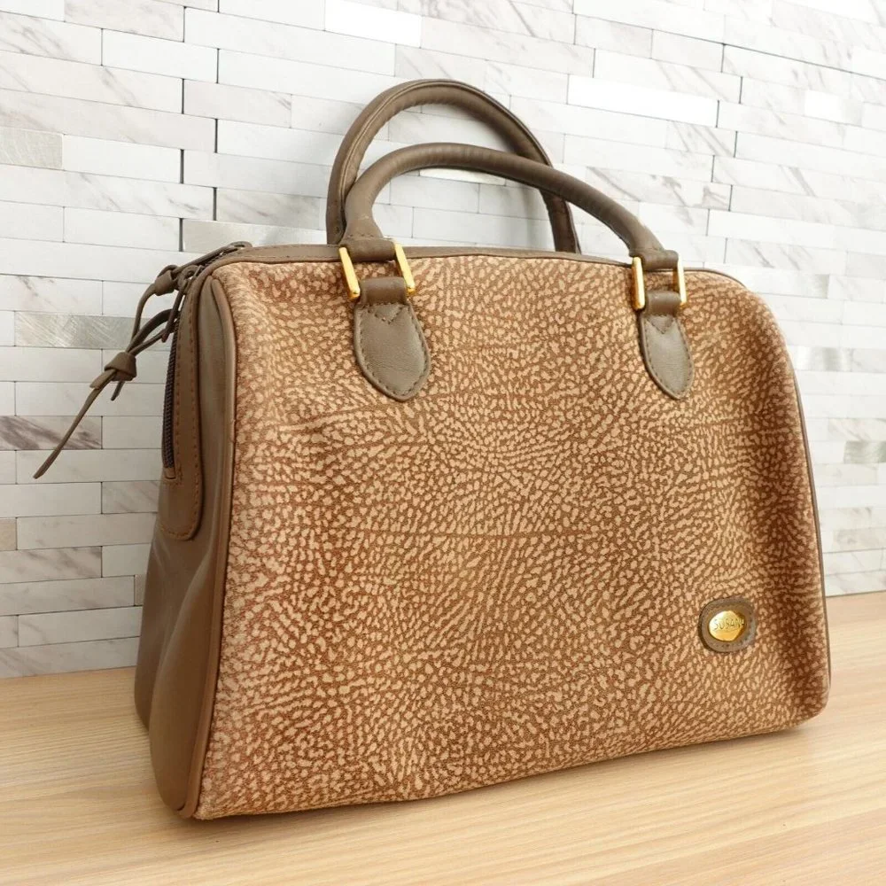 VINTAGE Brown‎ Quail Print Handbag Leather Partridge Eye Japanese SUSANA JAPAN